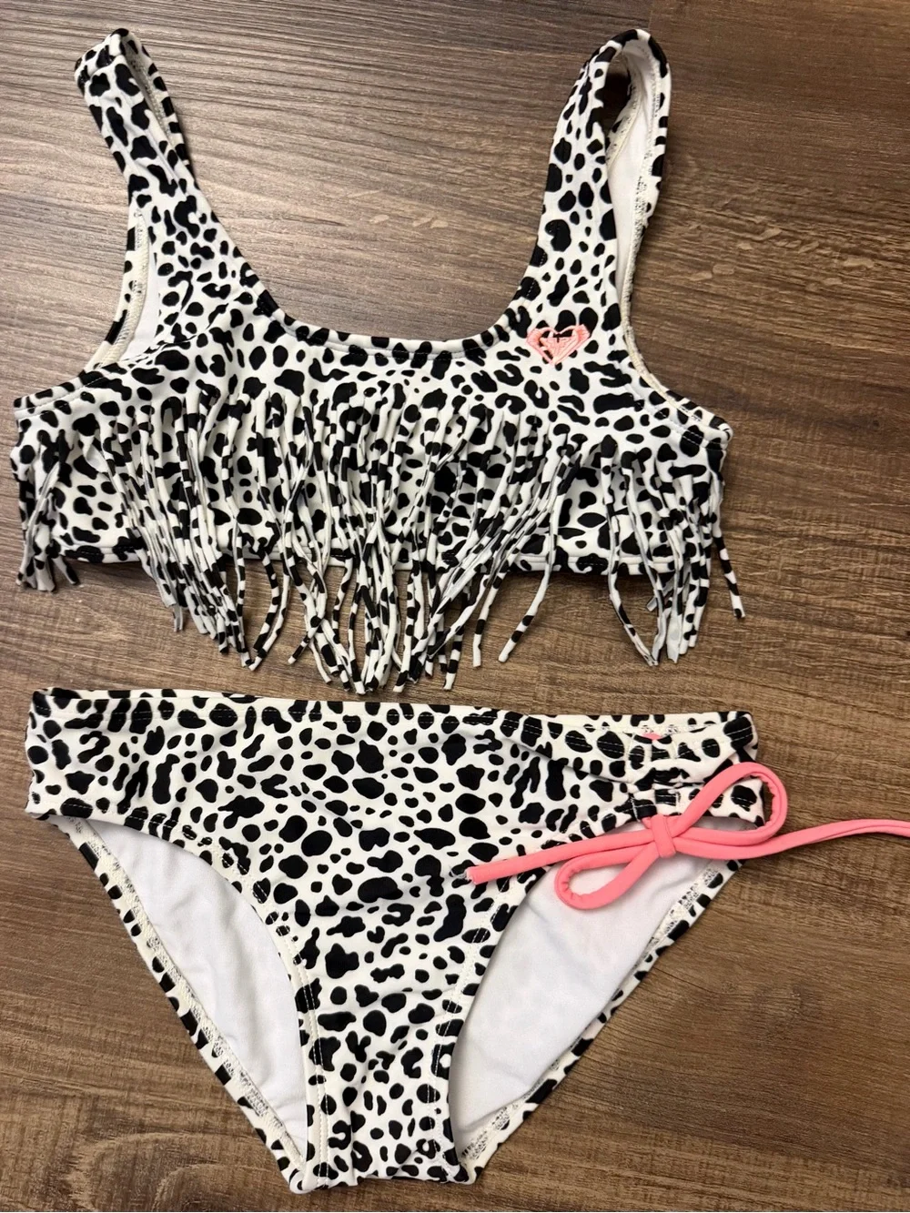 Roxy Girls Bikini Swimsuit Black White Animal Print Fringe Size 10/12
